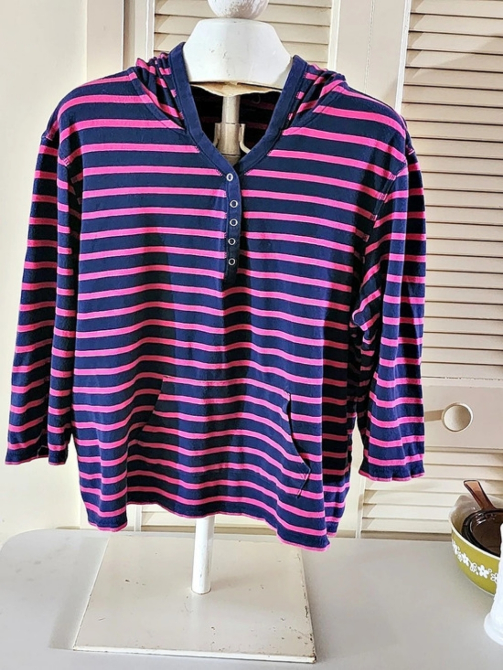 Coral Bay Striped Hooded Tunic in Blue & Pink Large